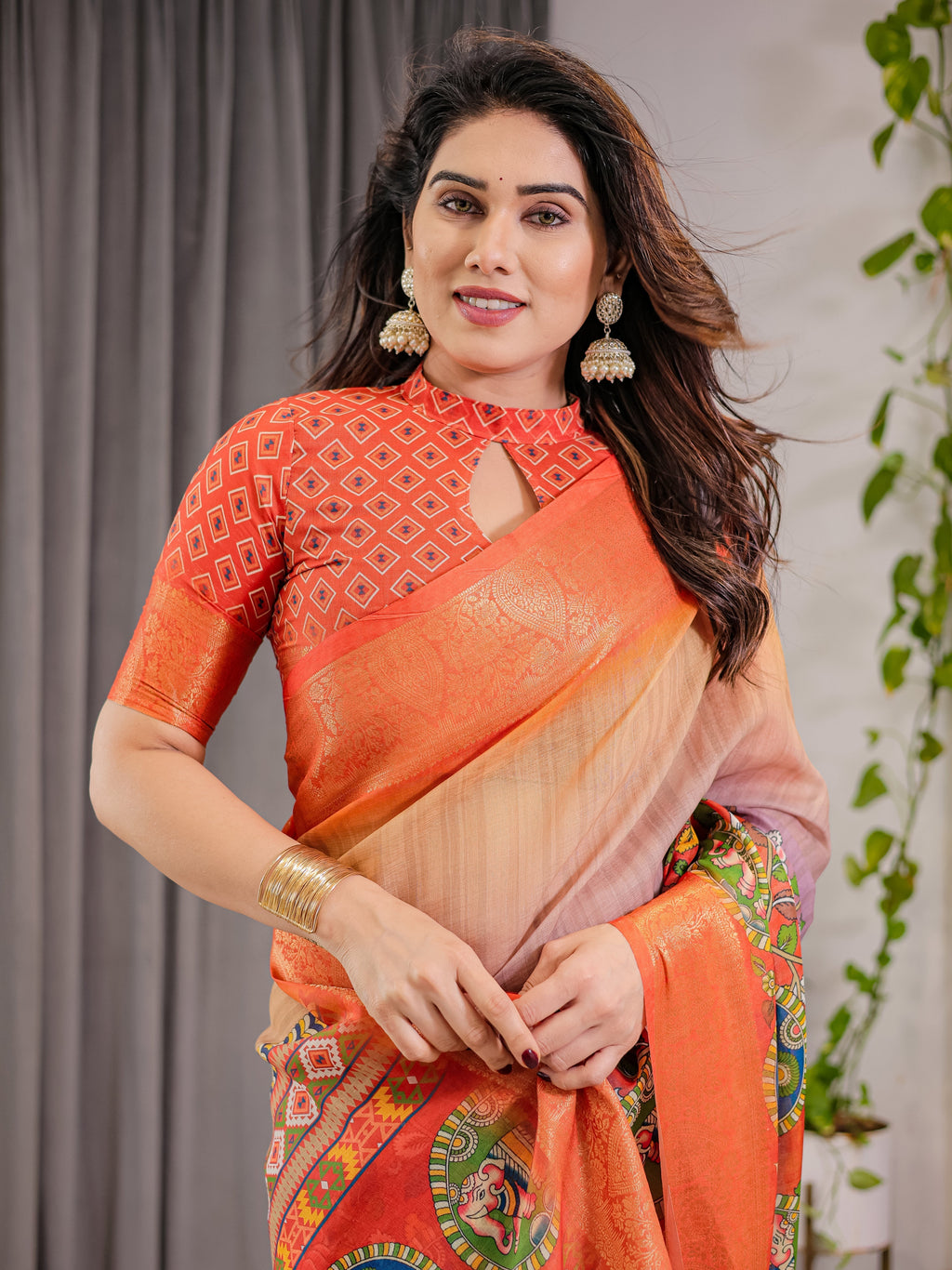 Vibrant Orange Cotton Linen Saree with Tribal Art Pallu & Zari Border | Festival Print | With Blouse