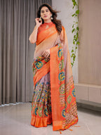 Vibrant Orange Cotton Linen Saree with Tribal Art Pallu & Zari Border | Festival Print | With Blouse