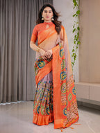 Vibrant Orange Cotton Linen Saree with Tribal Art Pallu & Zari Border | Festival Print | With Blouse