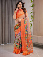 Vibrant Orange Cotton Linen Saree with Tribal Art Pallu & Zari Border | Festival Print | With Blouse