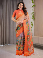Vibrant Orange Cotton Linen Saree with Tribal Art Pallu & Zari Border | Festival Print | With Blouse