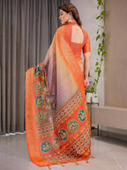 Vibrant Orange Cotton Linen Saree with Tribal Art Pallu & Zari Border | Festival Print | With Blouse