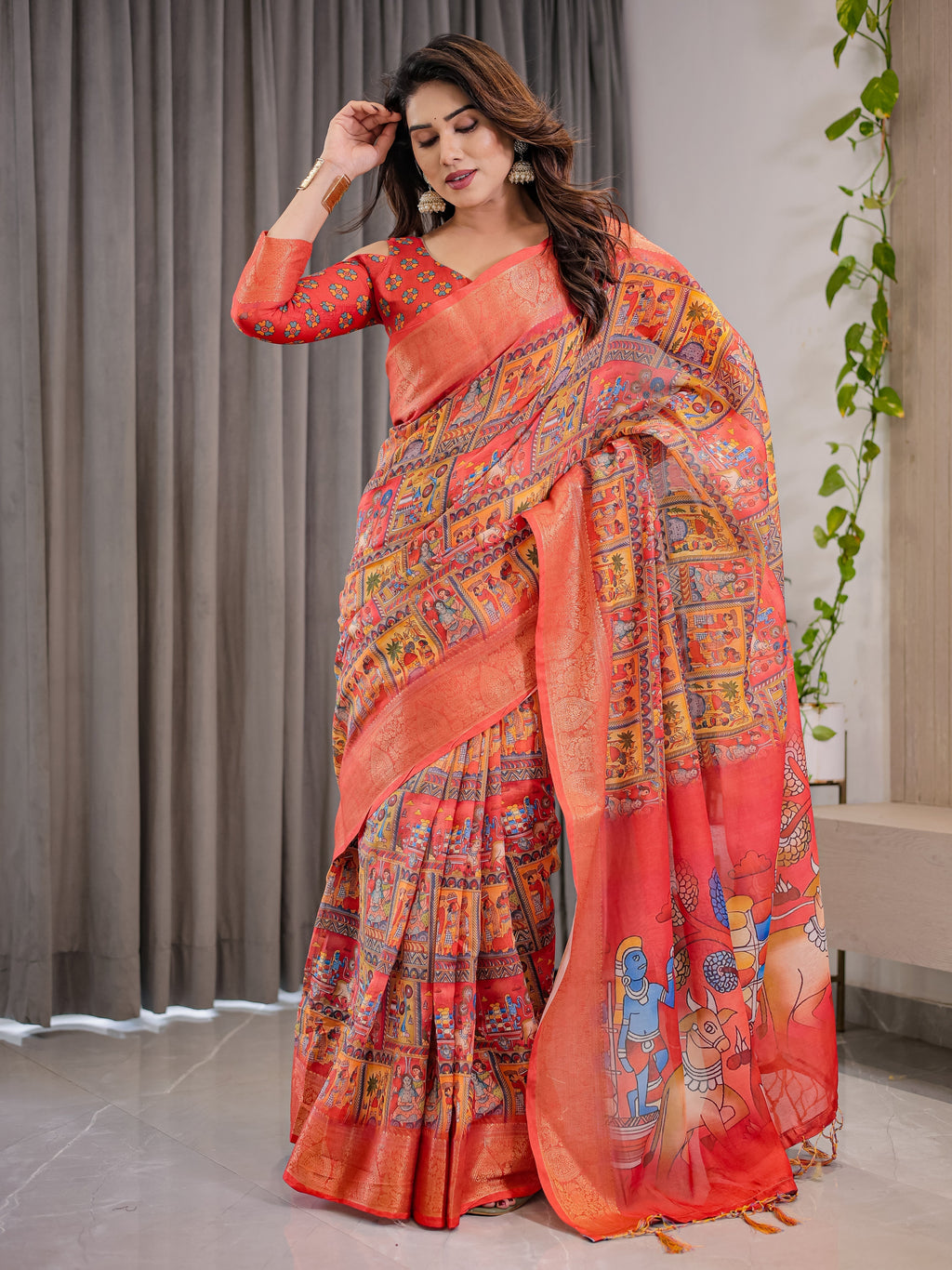 Rust Red Cotton Linen Saree with Madhubani Folk Art Pallu & Zari Border | Ethnic Digital Print | With Blouse Piece