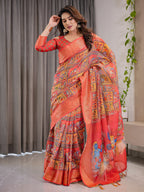Rust Red Cotton Linen Saree with Madhubani Folk Art Pallu & Zari Border | Ethnic Digital Print | With Blouse Piece