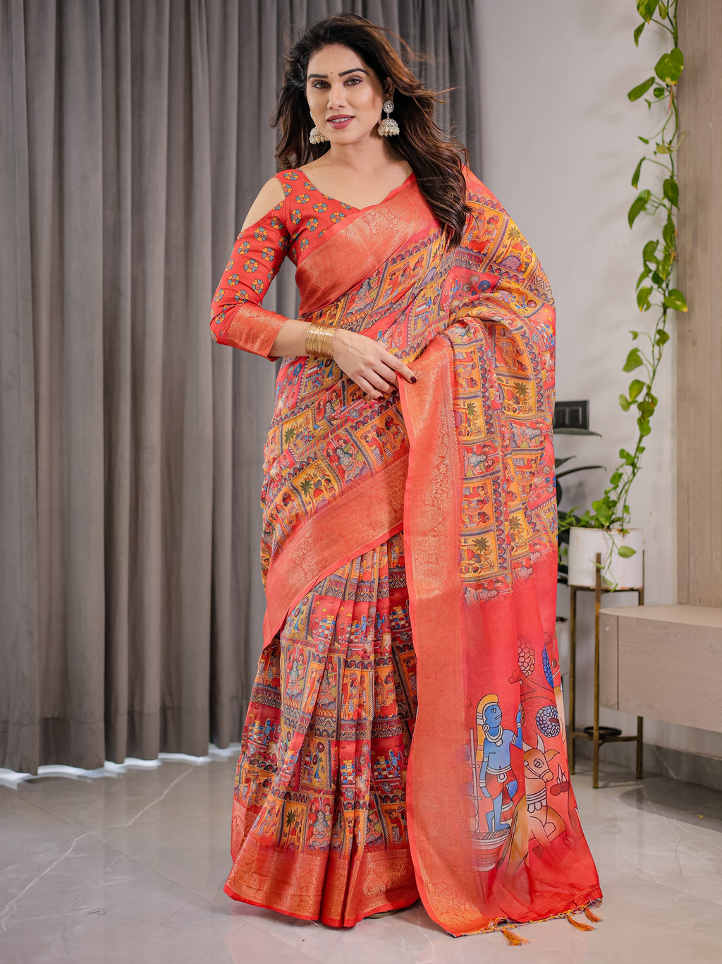 Rust Red Cotton Linen Saree with Madhubani Folk Art Pallu & Zari Border | Ethnic Digital Print | With Blouse Piece