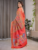 Rust Red Cotton Linen Saree with Madhubani Folk Art Pallu & Zari Border | Ethnic Digital Print | With Blouse Piece
