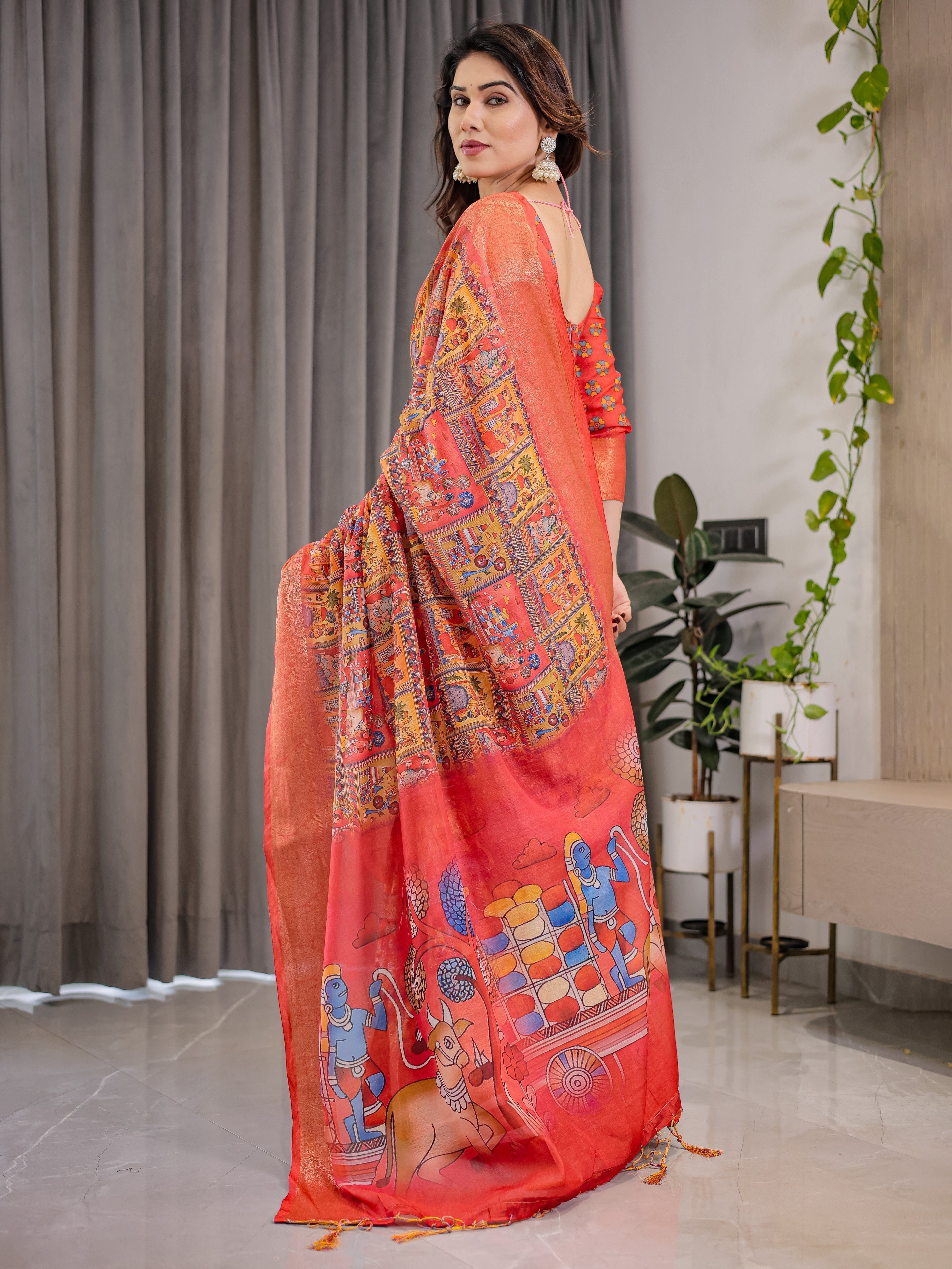 Rust Red Cotton Linen Saree with Madhubani Folk Art Pallu & Zari Border | Ethnic Digital Print | With Blouse Piece