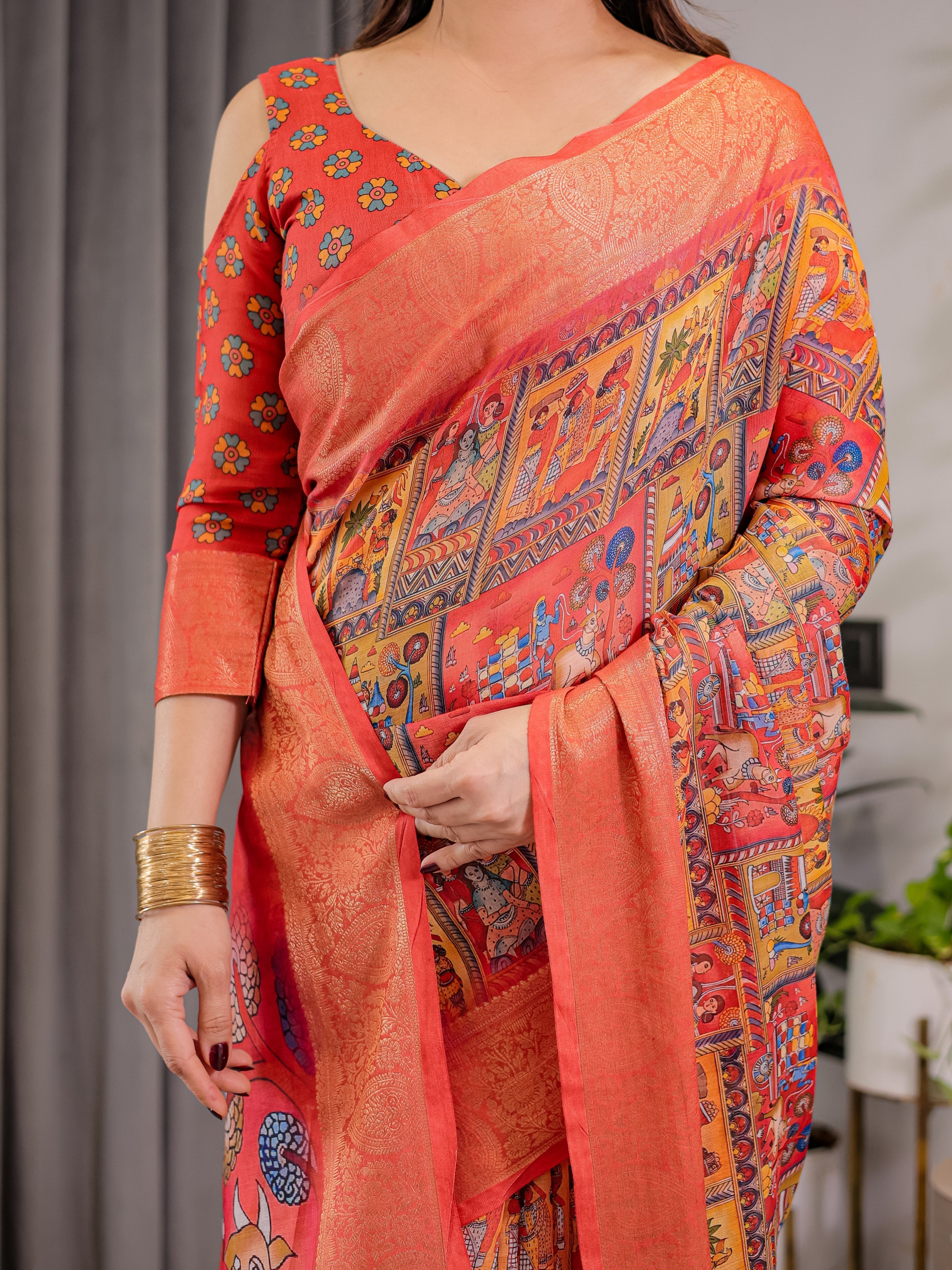 Rust Red Cotton Linen Saree with Madhubani Folk Art Pallu & Zari Border | Ethnic Digital Print | With Blouse Piece