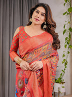 Rust Red Cotton Linen Saree with Madhubani Folk Art Pallu & Zari Border | Ethnic Digital Print | With Blouse Piece