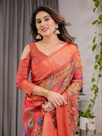 Rust Red Cotton Linen Saree with Madhubani Folk Art Pallu & Zari Border | Ethnic Digital Print | With Blouse Piece