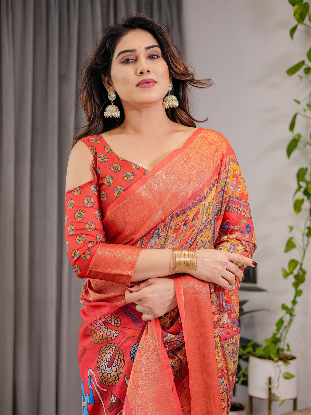 Rust Red Cotton Linen Saree with Madhubani Folk Art Pallu & Zari Border | Ethnic Digital Print | With Blouse Piece