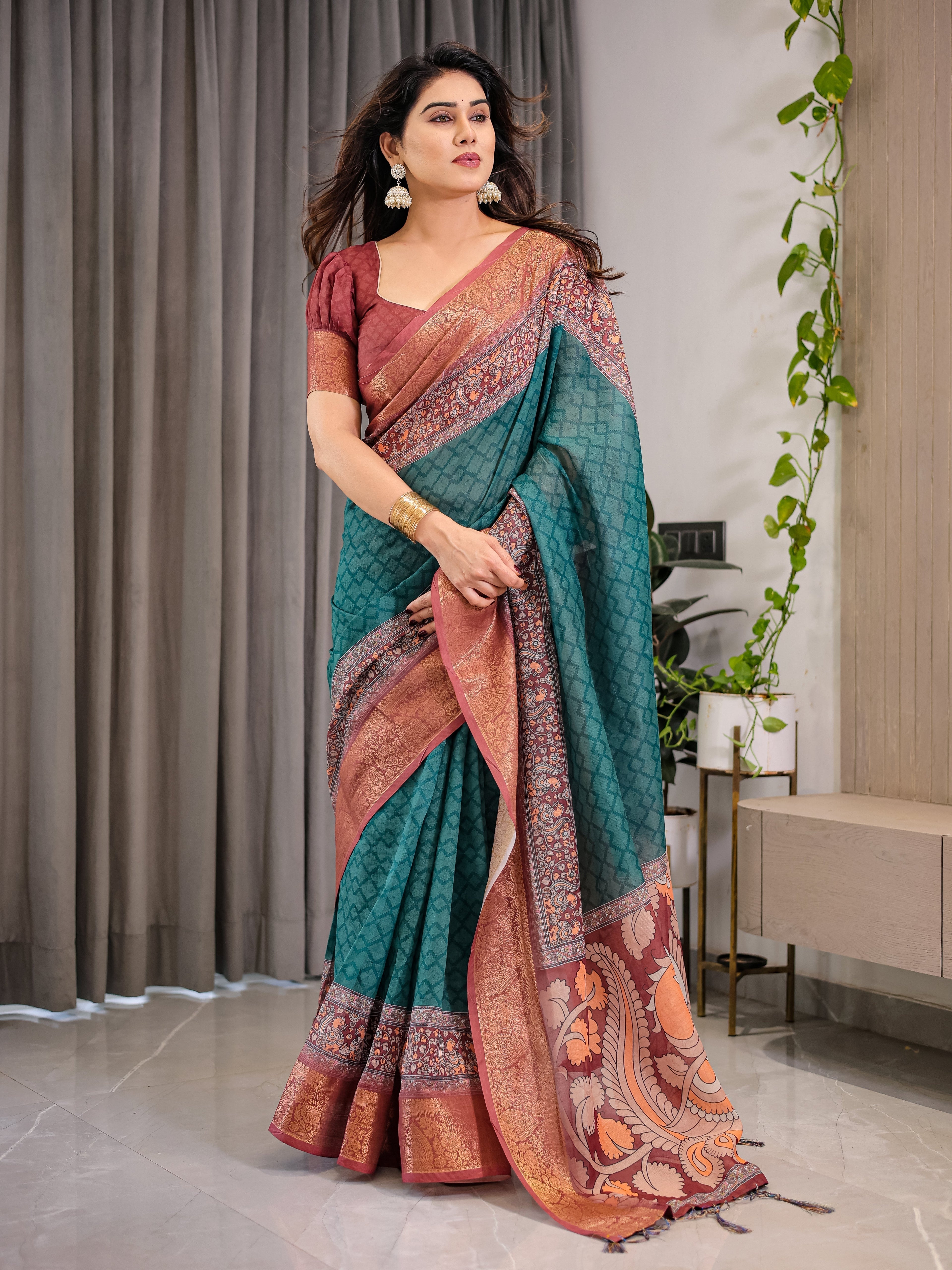 Teal Green Cotton Linen Saree with Rust Zari Border & Peacock Pallu | Ethnic Print | With Blouse