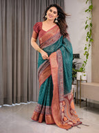 Teal Green Cotton Linen Saree with Rust Zari Border & Peacock Pallu | Ethnic Print | With Blouse