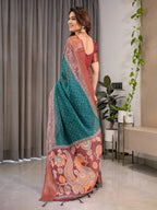 Teal Green Cotton Linen Saree with Rust Zari Border & Peacock Pallu | Ethnic Print | With Blouse