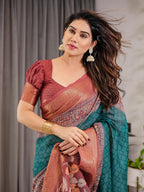 Teal Green Cotton Linen Saree with Rust Zari Border & Peacock Pallu | Ethnic Print | With Blouse