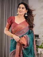Teal Green Cotton Linen Saree with Rust Zari Border & Peacock Pallu | Ethnic Print | With Blouse