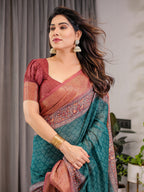 Teal Green Cotton Linen Saree with Rust Zari Border & Peacock Pallu | Ethnic Print | With Blouse