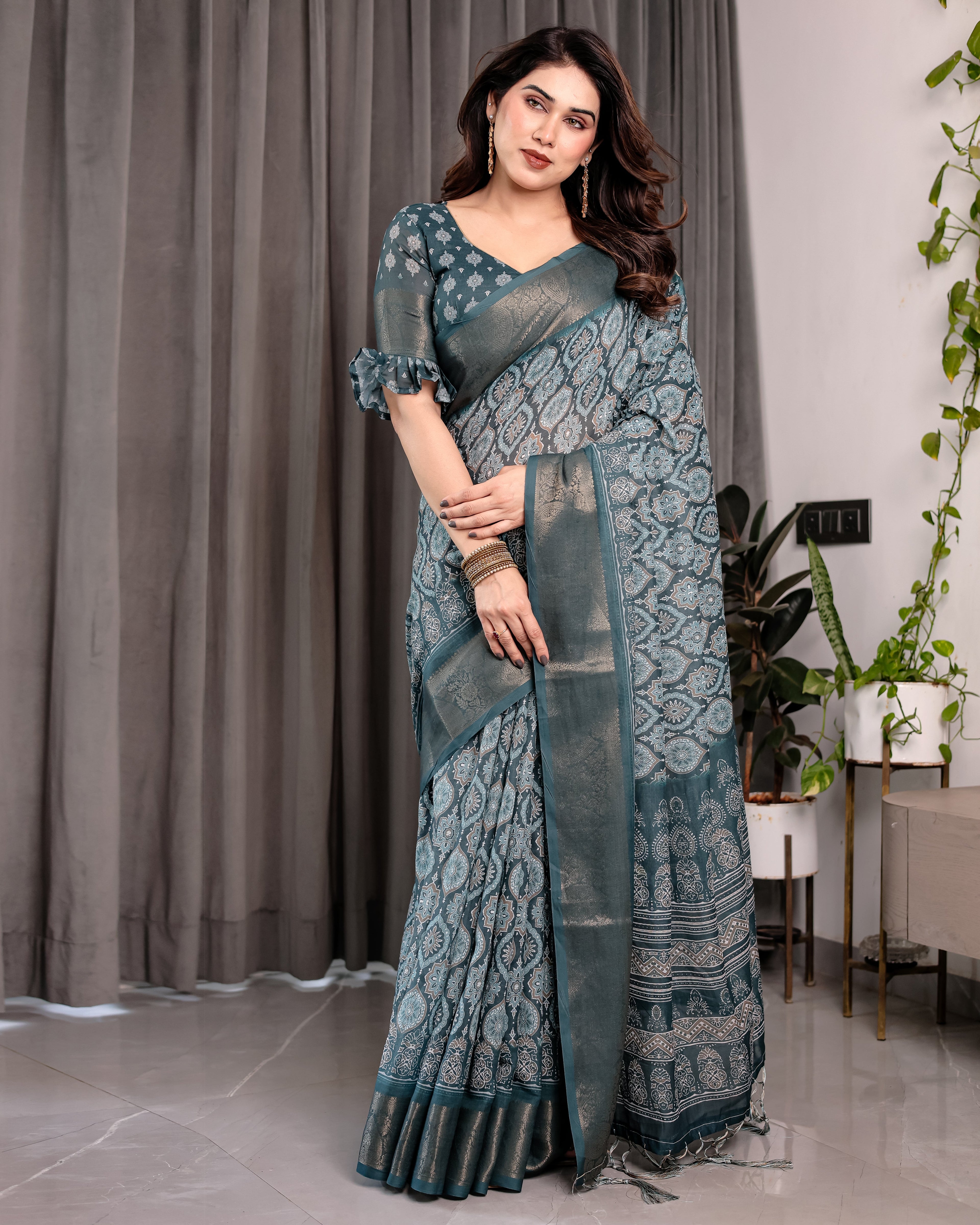 Teal Blue Pure Handloom Linen Saree with Ethnic Mandala Prints & Zari Border | Rich Pallu with Tassels | 5.5m Saree + 0.8m Blouse