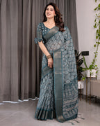 Teal Blue Pure Handloom Linen Saree with Ethnic Mandala Prints & Zari Border | Rich Pallu with Tassels | 5.5m Saree + 0.8m Blouse