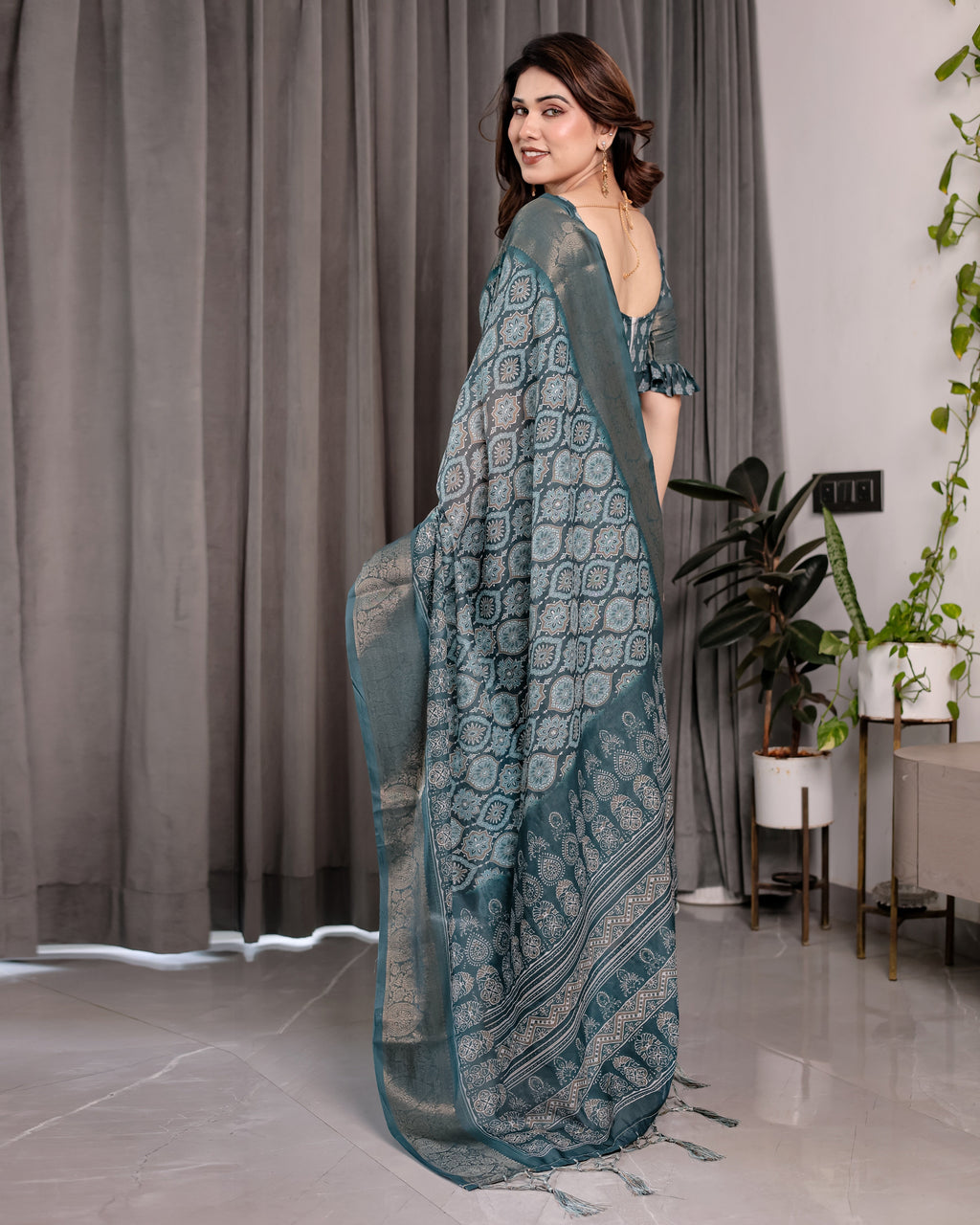 Teal Blue Pure Handloom Linen Saree with Ethnic Mandala Prints & Zari Border | Rich Pallu with Tassels | 5.5m Saree + 0.8m Blouse