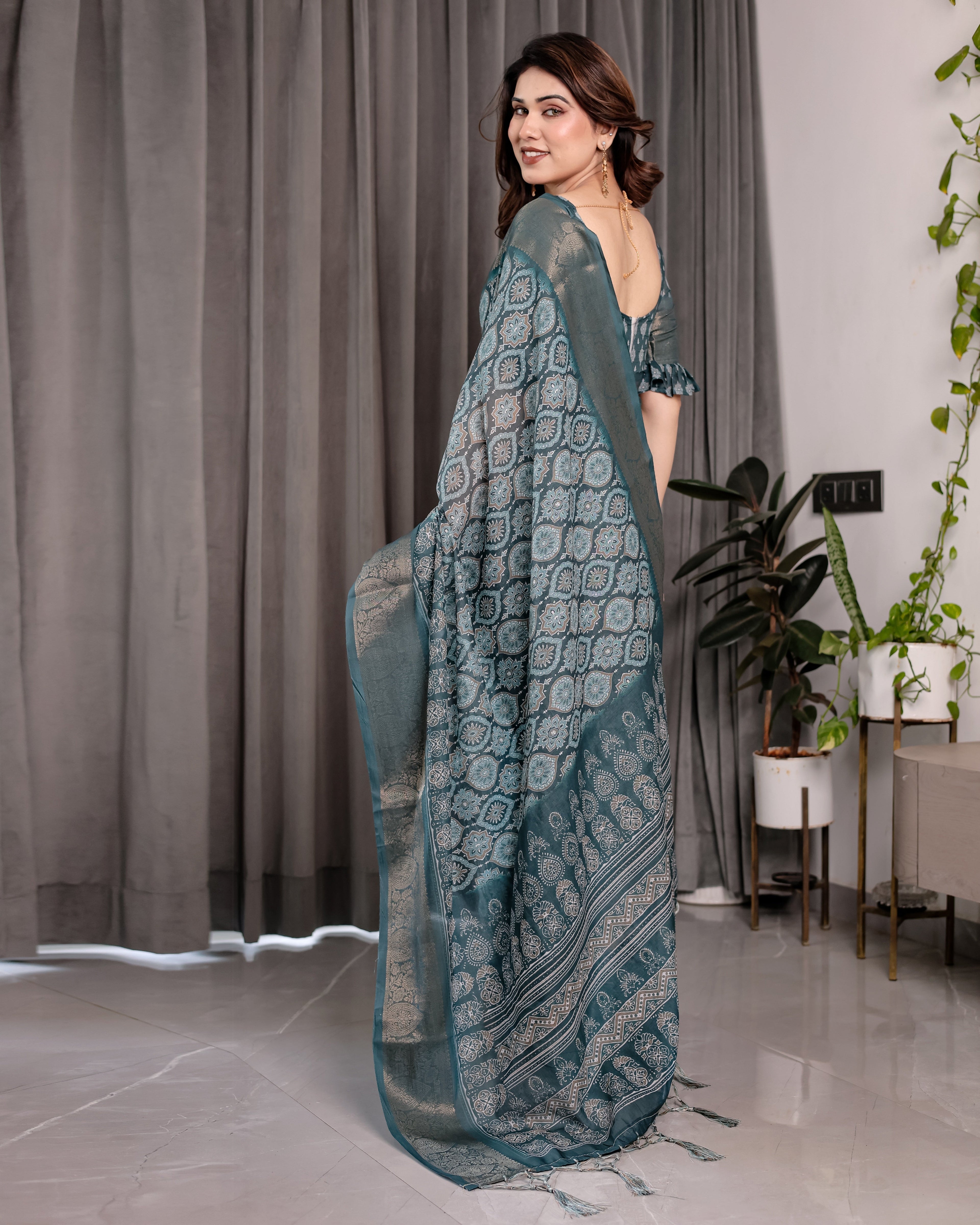 Teal Blue Pure Handloom Linen Saree with Ethnic Mandala Prints & Zari Border | Rich Pallu with Tassels | 5.5m Saree + 0.8m Blouse
