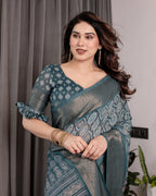 Teal Blue Pure Handloom Linen Saree with Ethnic Mandala Prints & Zari Border | Rich Pallu with Tassels | 5.5m Saree + 0.8m Blouse