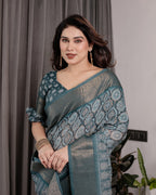 Teal Blue Pure Handloom Linen Saree with Ethnic Mandala Prints & Zari Border | Rich Pallu with Tassels | 5.5m Saree + 0.8m Blouse