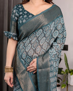 Teal Blue Pure Handloom Linen Saree with Ethnic Mandala Prints & Zari Border | Rich Pallu with Tassels | 5.5m Saree + 0.8m Blouse