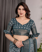 Teal Blue Pure Handloom Linen Saree with Ethnic Mandala Prints & Zari Border | Rich Pallu with Tassels | 5.5m Saree + 0.8m Blouse