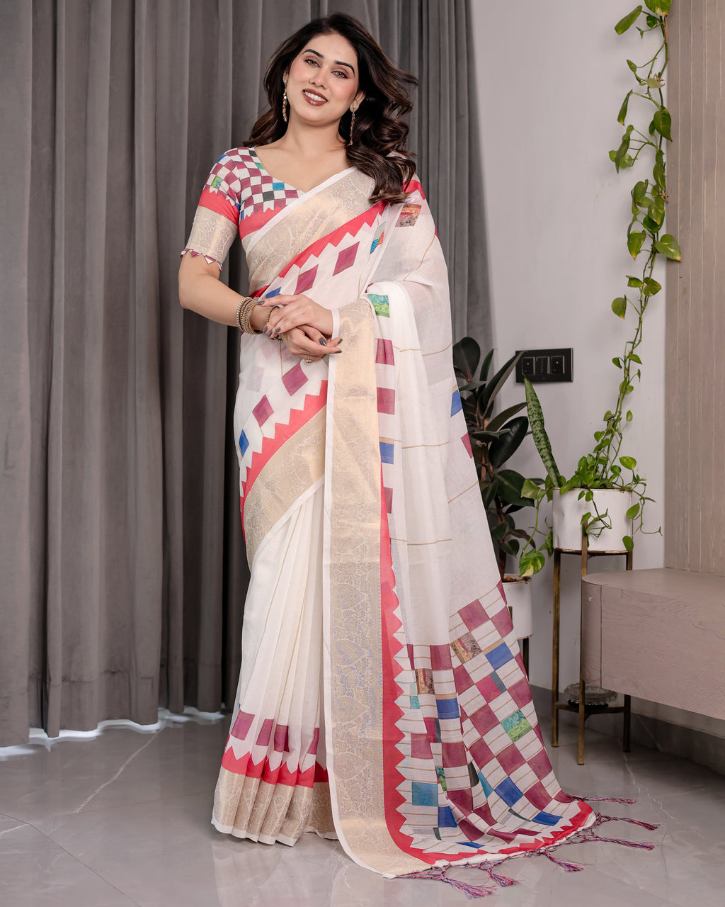 Off-White Handloom Linen Saree with Multicolor Checkered Pallu & Red-Gold Zari Border | Festive Tassel Finish | Attached Blouse | 5.5m Saree + 0.8m Blouse