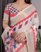 Off-White Handloom Linen Saree with Multicolor Checkered Pallu & Red-Gold Zari Border | Festive Tassel Finish | Attached Blouse | 5.5m Saree + 0.8m Blouse