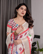 Off-White Handloom Linen Saree with Multicolor Checkered Pallu & Red-Gold Zari Border | Festive Tassel Finish | Attached Blouse | 5.5m Saree + 0.8m Blouse