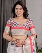 Off-White Handloom Linen Saree with Multicolor Checkered Pallu & Red-Gold Zari Border | Festive Tassel Finish | Attached Blouse | 5.5m Saree + 0.8m Blouse