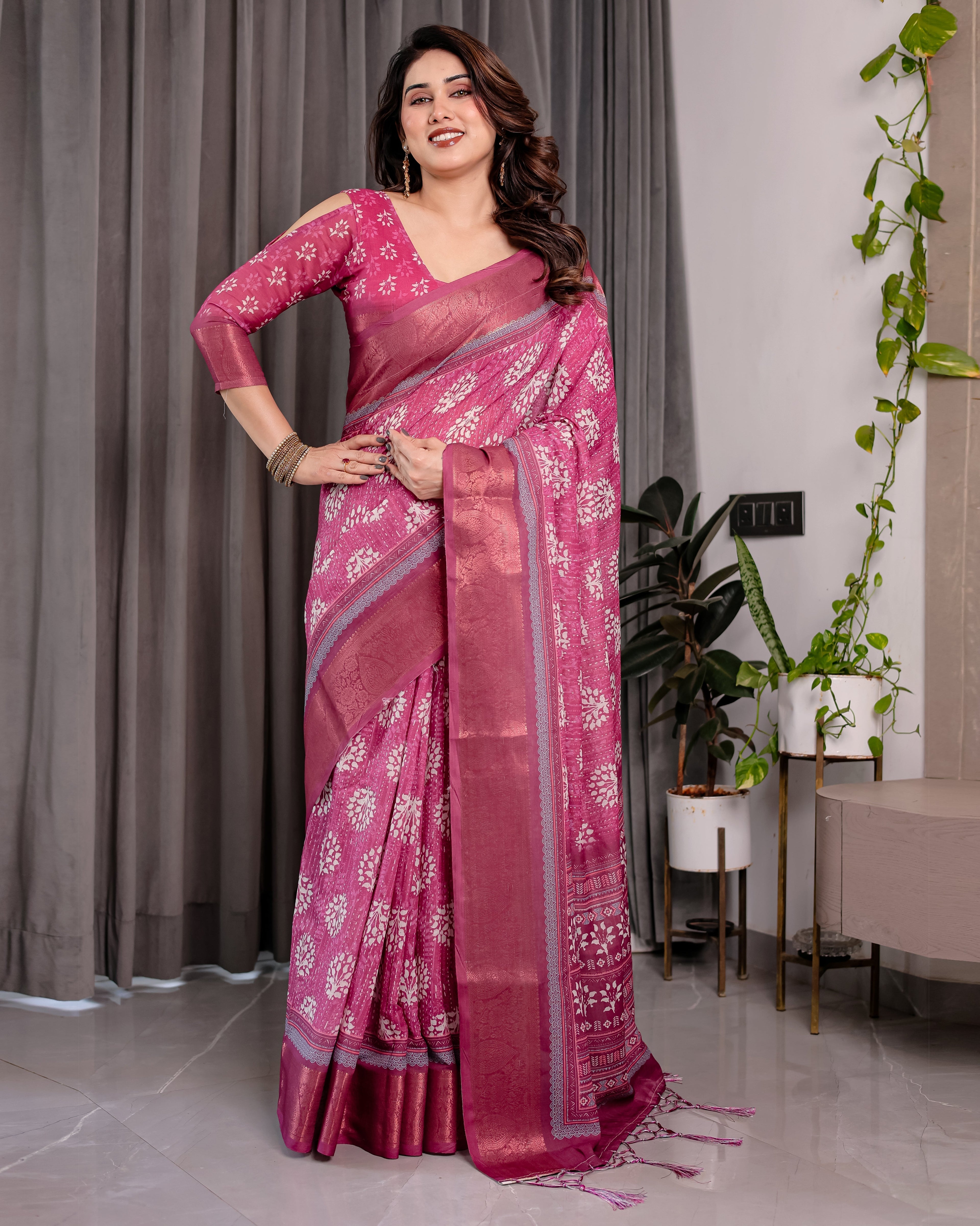 Rani Pink Pure Handloom Linen Saree with White Floral Print & Dual Zari Border | Elegant Tassel Finish | 5.5m Saree + 0.8m Blouse