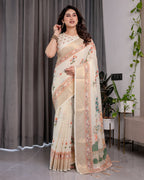 Ivory Cream Pure Handloom Linen Saree with Peach Floral Print & Zari Border | Artistic Garden Pallu & Tassels | 5.5m Saree + 0.8m Blouse