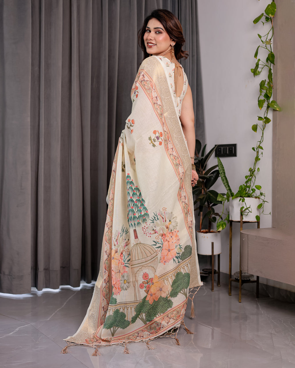 Ivory Cream Pure Handloom Linen Saree with Peach Floral Print & Zari Border | Artistic Garden Pallu & Tassels | 5.5m Saree + 0.8m Blouse