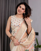Ivory Cream Pure Handloom Linen Saree with Peach Floral Print & Zari Border | Artistic Garden Pallu & Tassels | 5.5m Saree + 0.8m Blouse