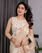 Ivory Cream Pure Handloom Linen Saree with Peach Floral Print & Zari Border | Artistic Garden Pallu & Tassels | 5.5m Saree + 0.8m Blouse