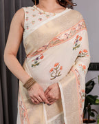 Ivory Cream Pure Handloom Linen Saree with Peach Floral Print & Zari Border | Artistic Garden Pallu & Tassels | 5.5m Saree + 0.8m Blouse