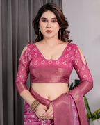 Rani Pink Pure Handloom Linen Saree with White Floral Print & Dual Zari Border | Elegant Tassel Finish | 5.5m Saree + 0.8m Blouse