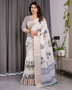 White Handloom Linen Saree with Grey Rose Floral Print & Gold Zari Border | Striped Pallu & Tassel Detailing | Attached Blouse | 5.5m Saree + 0.8m Blouse