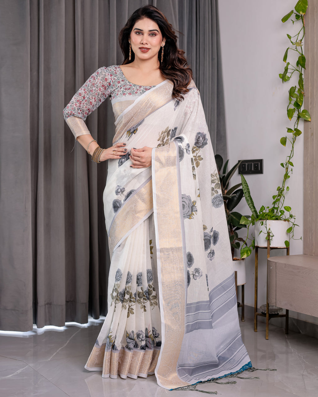 White Handloom Linen Saree with Grey Rose Floral Print & Gold Zari Border | Striped Pallu & Tassel Detailing | Attached Blouse | 5.5m Saree + 0.8m Blouse