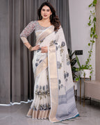 White Handloom Linen Saree with Grey Rose Floral Print & Gold Zari Border | Striped Pallu & Tassel Detailing | Attached Blouse | 5.5m Saree + 0.8m Blouse