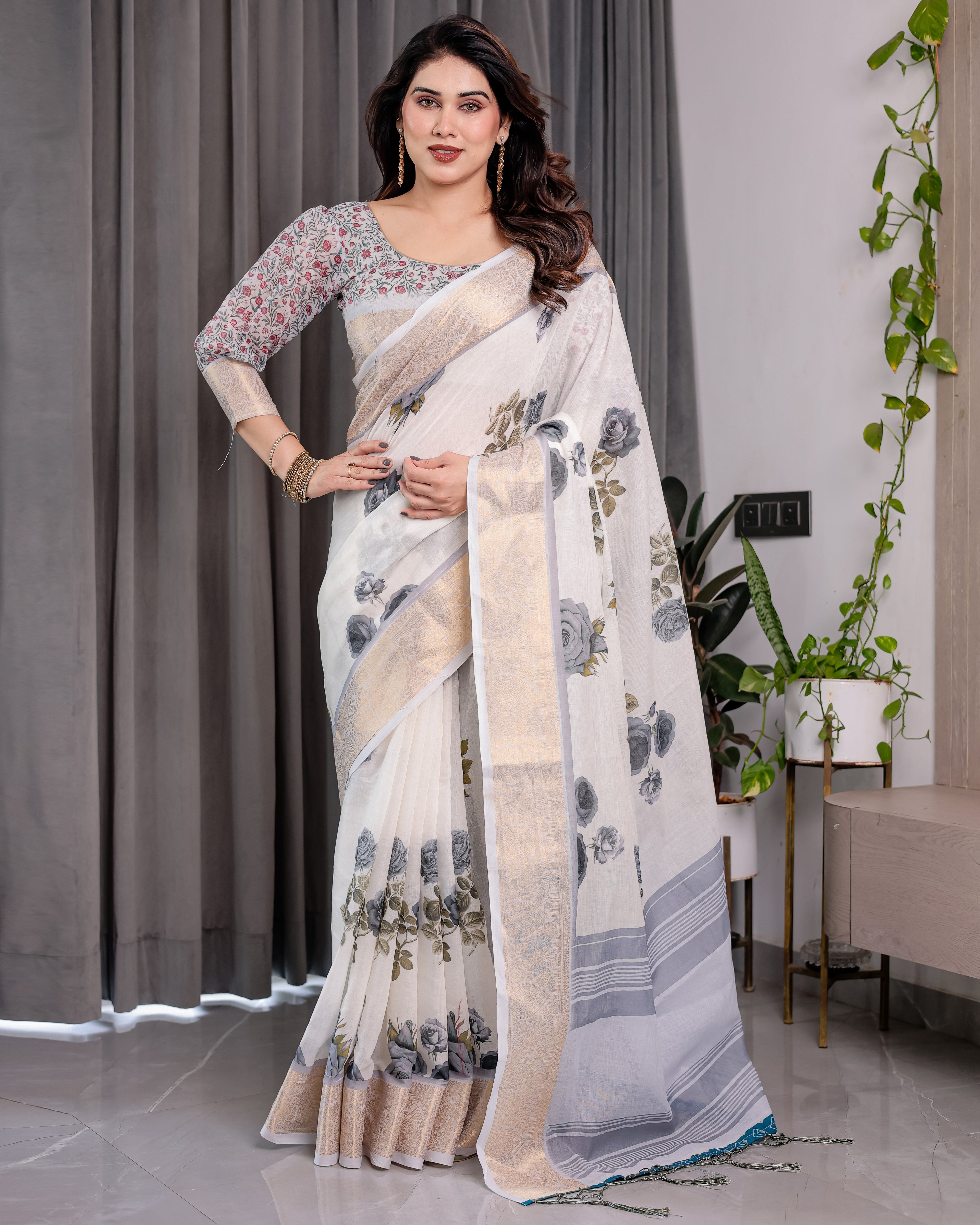 White Handloom Linen Saree with Grey Rose Floral Print & Gold Zari Border | Striped Pallu & Tassel Detailing | Attached Blouse | 5.5m Saree + 0.8m Blouse