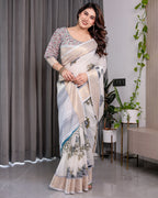 White Handloom Linen Saree with Grey Rose Floral Print & Gold Zari Border | Striped Pallu & Tassel Detailing | Attached Blouse | 5.5m Saree + 0.8m Blouse