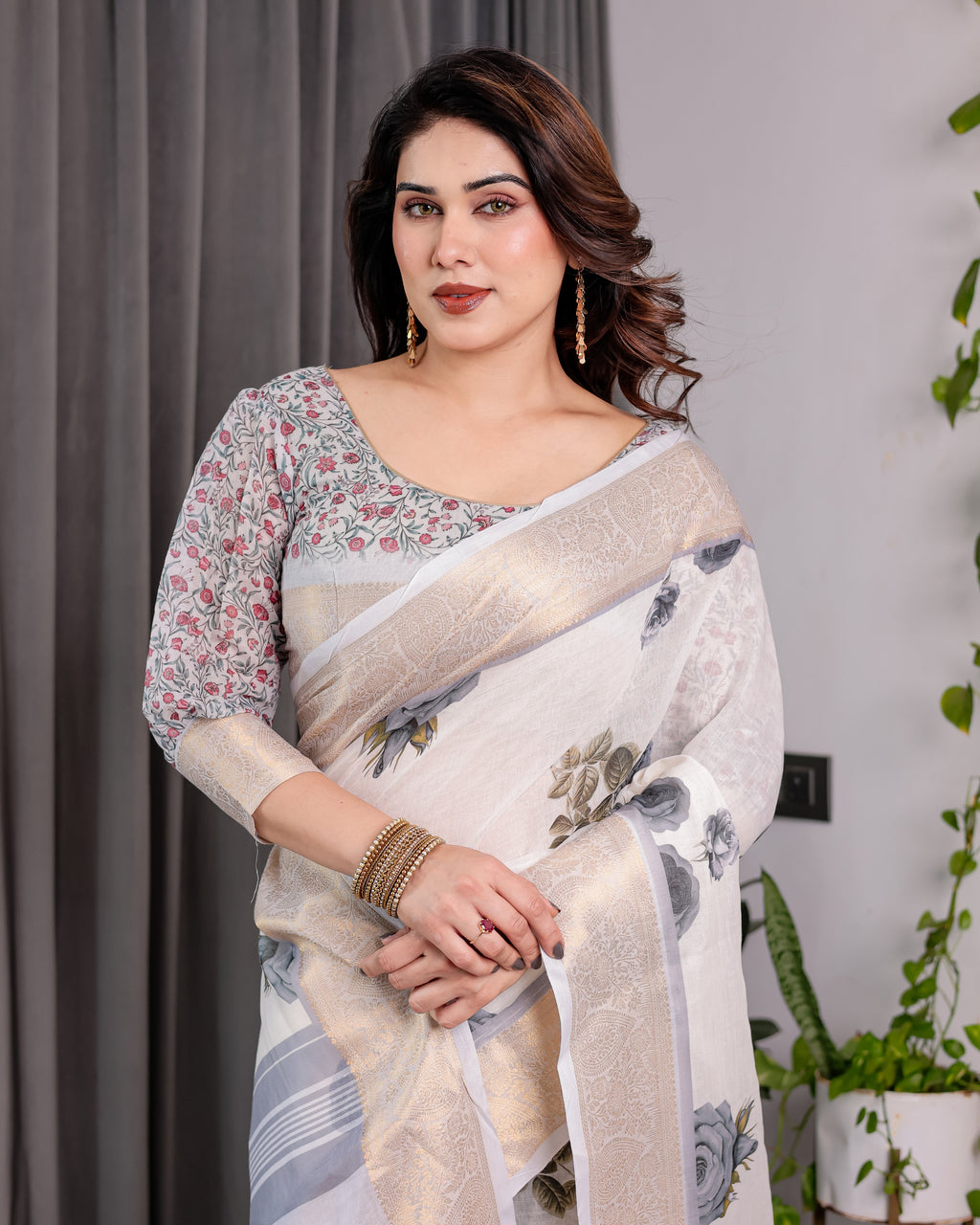 White Handloom Linen Saree with Grey Rose Floral Print & Gold Zari Border | Striped Pallu & Tassel Detailing | Attached Blouse | 5.5m Saree + 0.8m Blouse