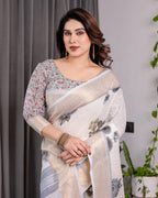 White Handloom Linen Saree with Grey Rose Floral Print & Gold Zari Border | Striped Pallu & Tassel Detailing | Attached Blouse | 5.5m Saree + 0.8m Blouse