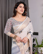 White Handloom Linen Saree with Grey Rose Floral Print & Gold Zari Border | Striped Pallu & Tassel Detailing | Attached Blouse | 5.5m Saree + 0.8m Blouse