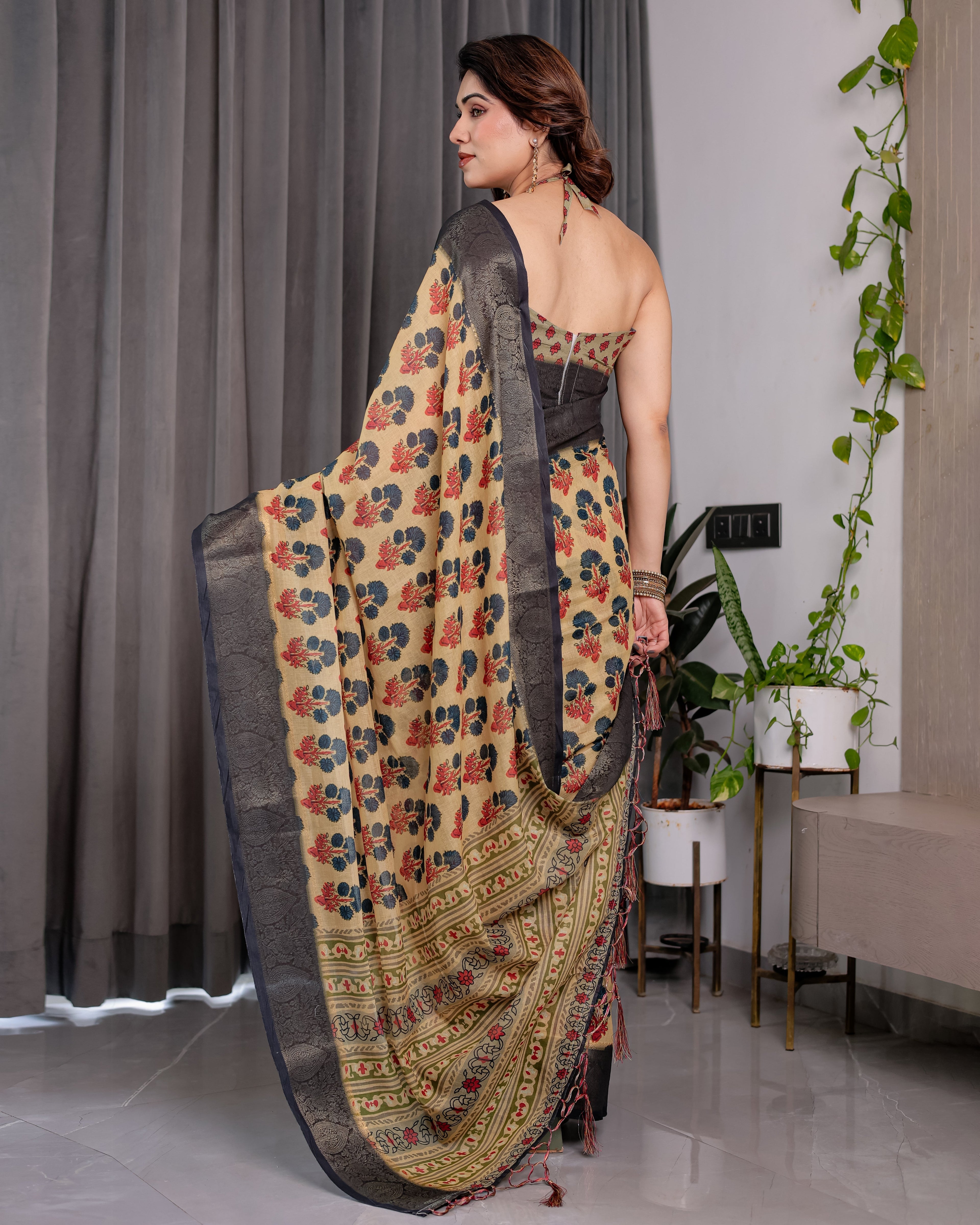 Beige Handloom Linen Saree with Red-Blue Floral Buttas & Ethnic Pallu | Antique Black Zari Border & Tassels | Attached Blouse | 5.5m Saree + 0.8m Blouse