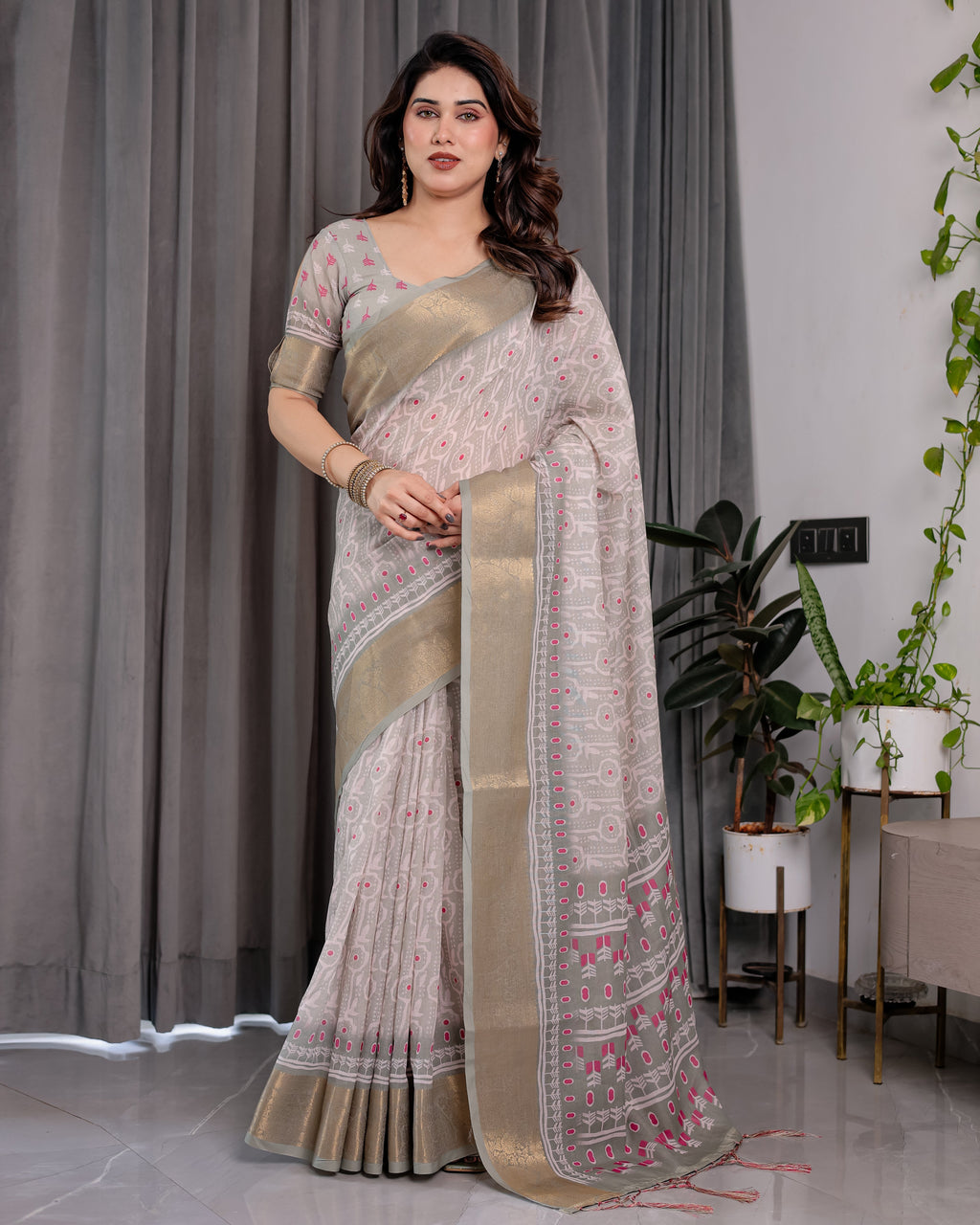 Crimson Pink & Teal Floral Handloom Linen Saree with Zari Border & Tassel Finish | 5.5m Saree + 0.8m Blouse